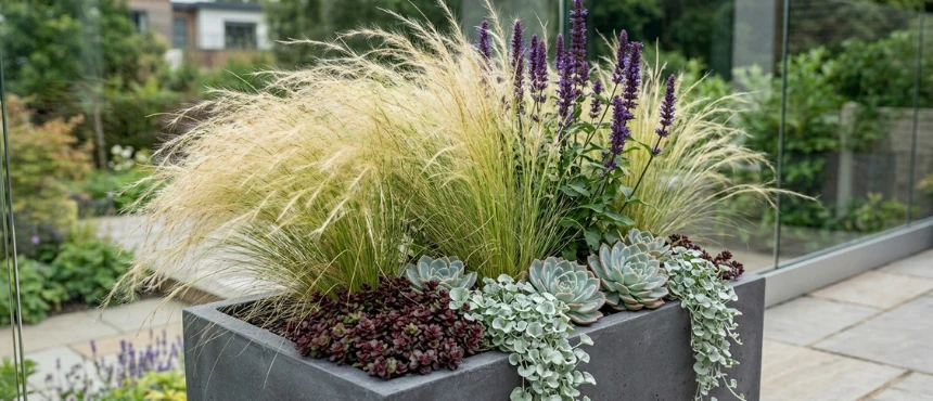 Trawa ozdobna w donicy, zabezpieczona na zimę przed mrozem